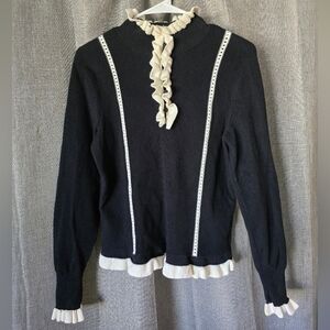 CAbi Womens Black Ribbed Ivory Ruffle Collar Adorn Sweater Knit Top Size M